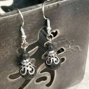 Gemstone Black Lava Earrings Lacy Silver